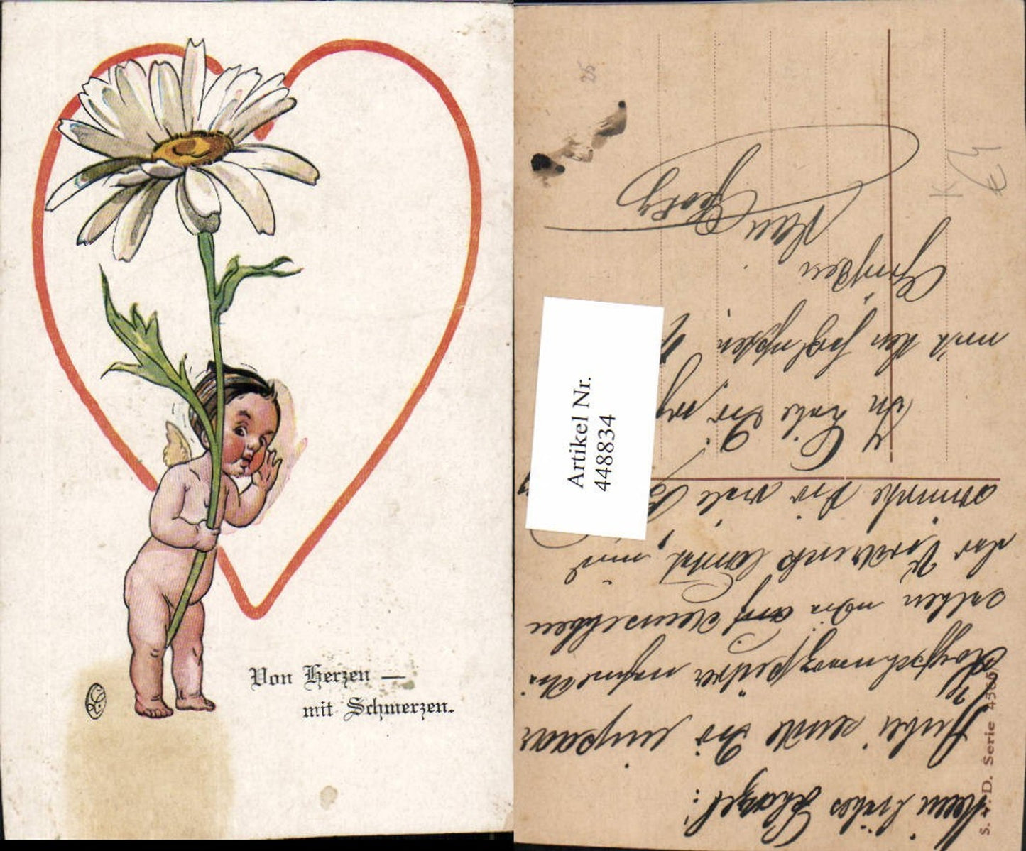 448834,Künstler AK Nackter Engel Blume Von Herzen mit Schmerzen