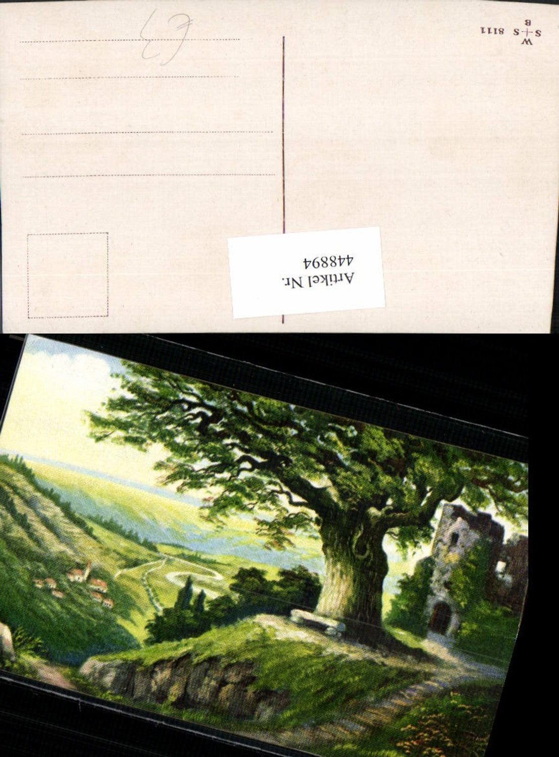 448894,Künstler AK G. Fiebiger Landschaft Ruine Turm Baum