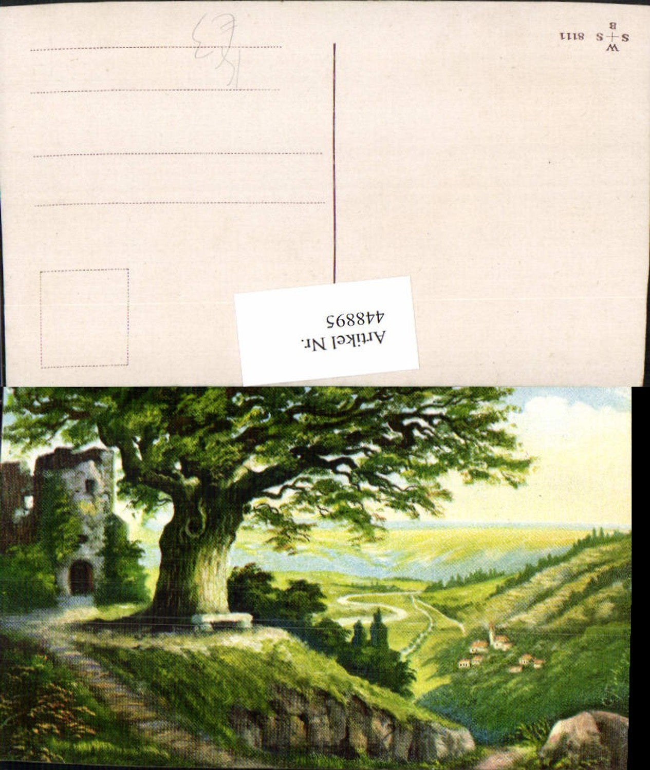 448895,Künstler AK G. Fiebiger Landschaft Ruine Turm Baum