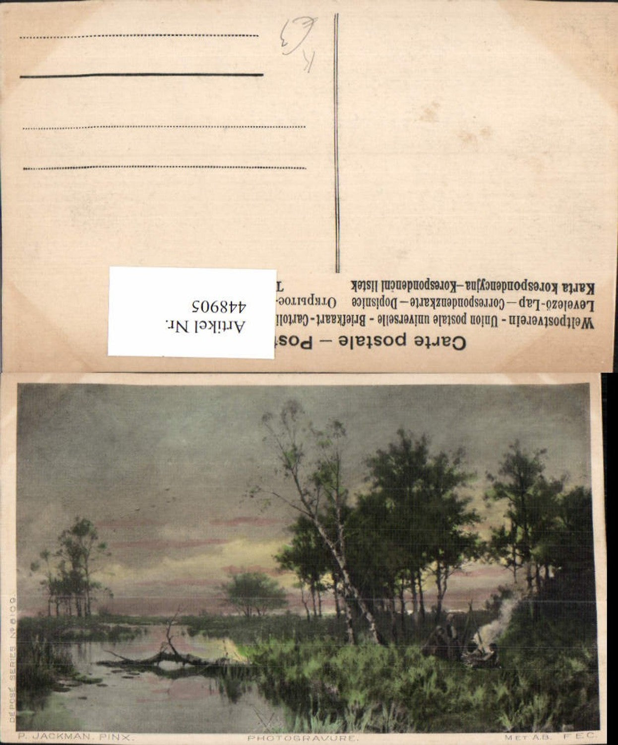 448905,Künstler AK P. Jackman Landschaft Moor Lagerfeuer