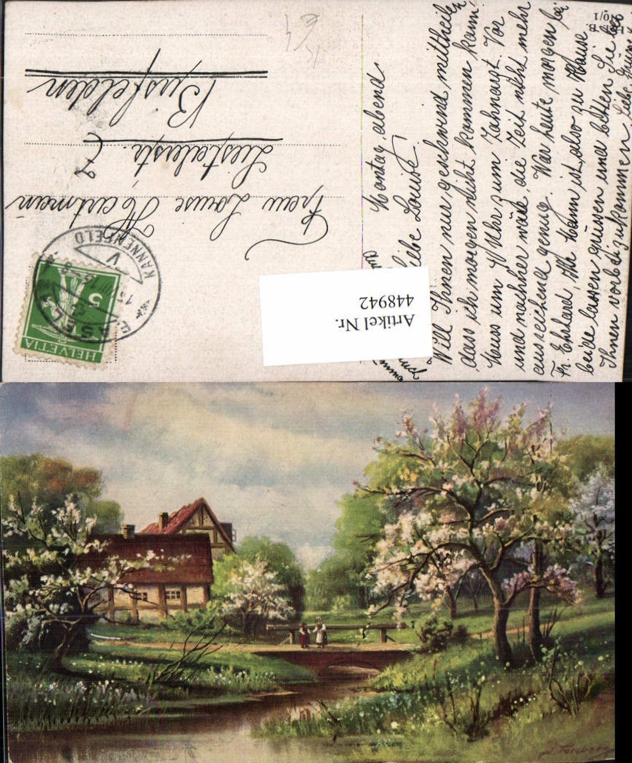 448942,Künstler AK J. Forsberg Landschaft Baumblüte Haus