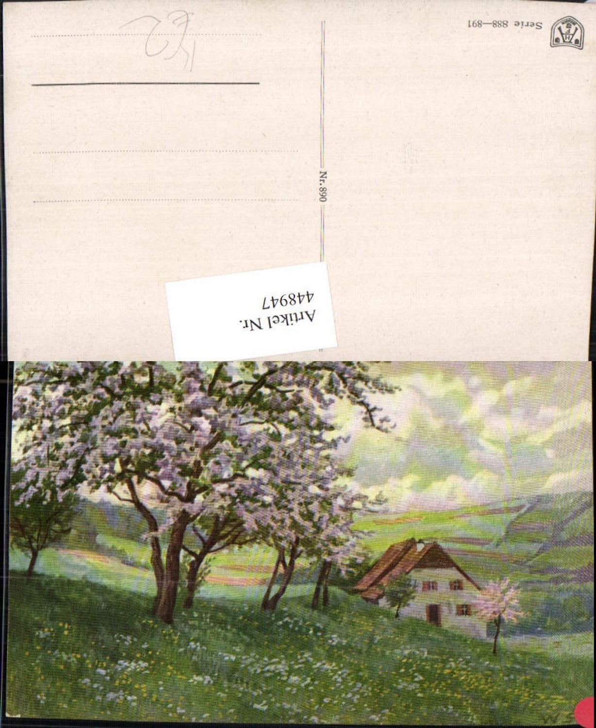 448947,Künstler AK Landschaft Haus Baumblüte