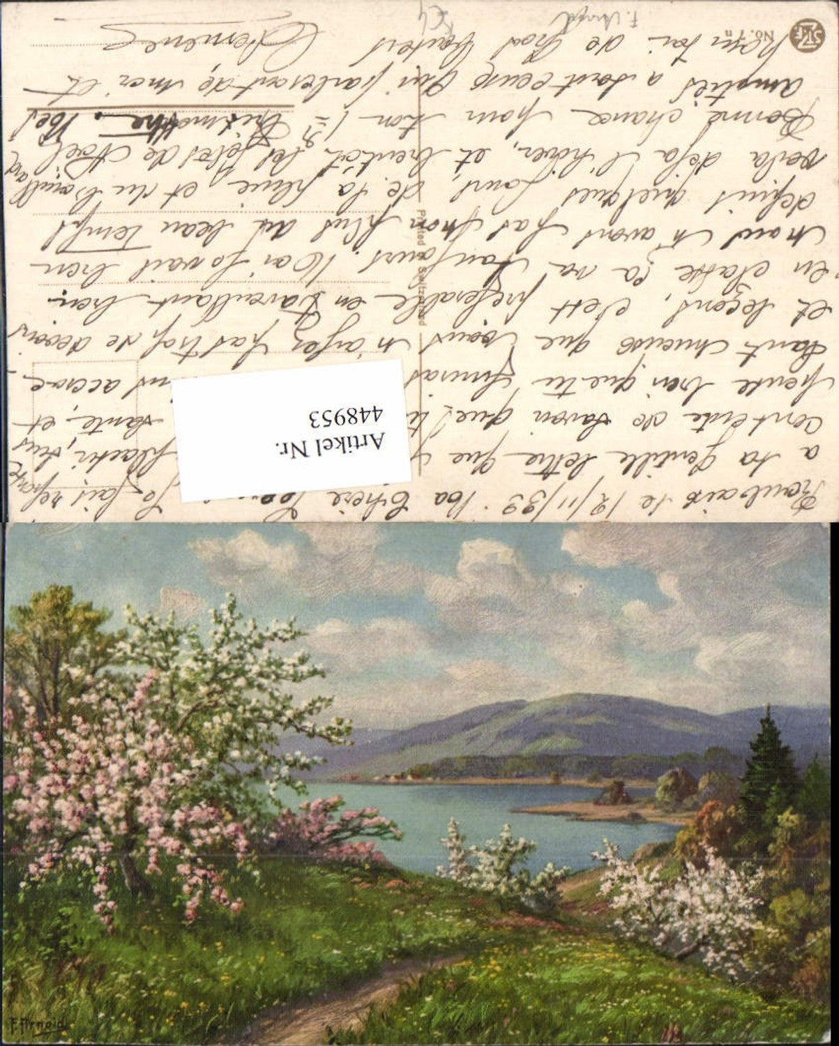 448953,Künstler AK F. Arnold Landschaft See Baumblüte