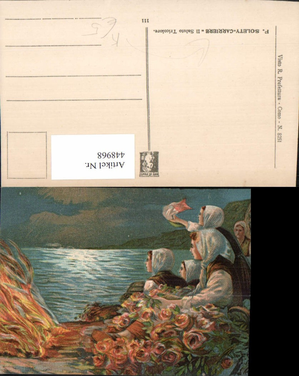 448968,Künstler AK F. Solety-Carriere Il Saluto Tricolore Frauen Tuch Küste Lagerfeuer