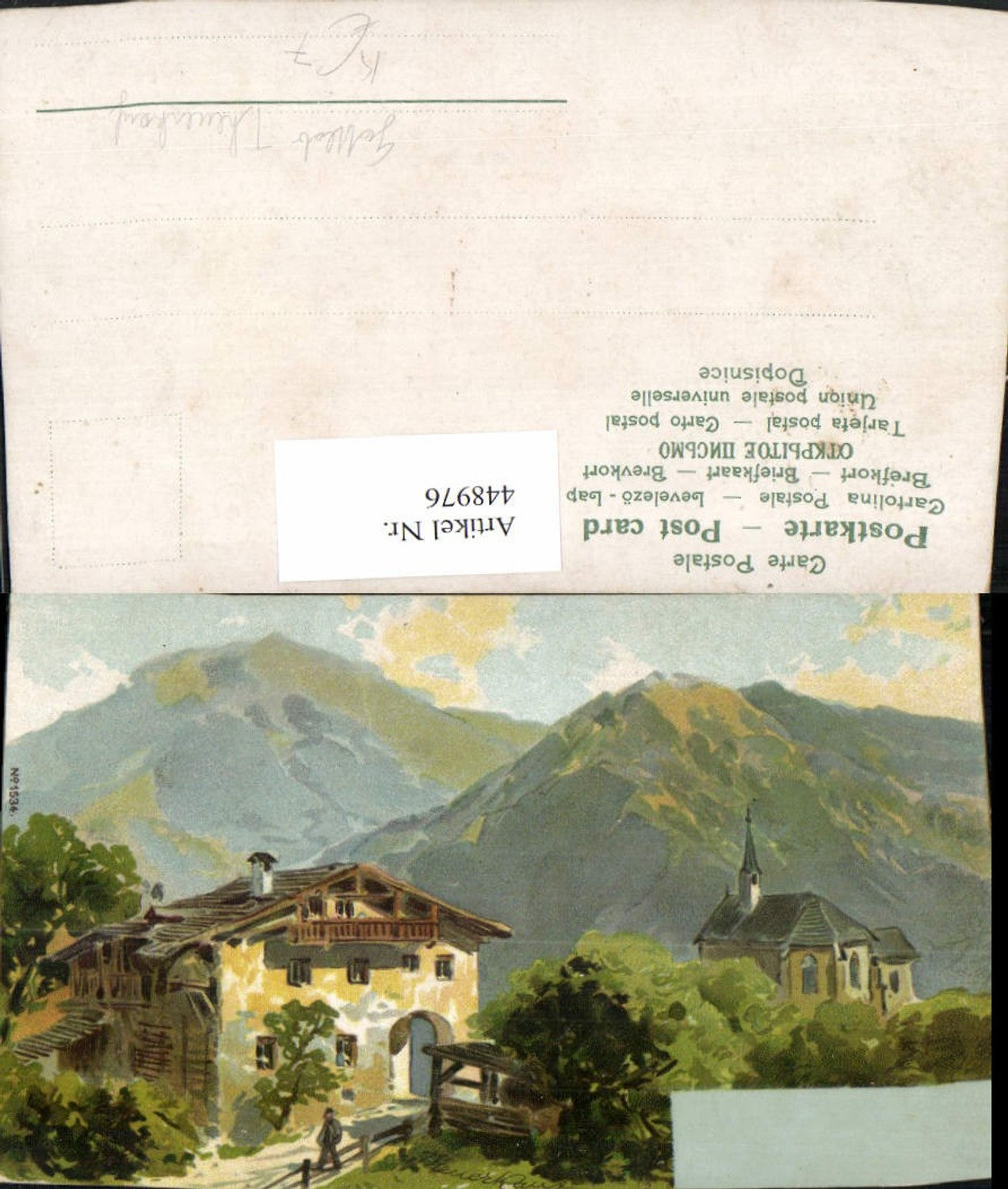 448976,Künstler AK Gottlob Theuerkauf Haus Kirche Bergkulisse
