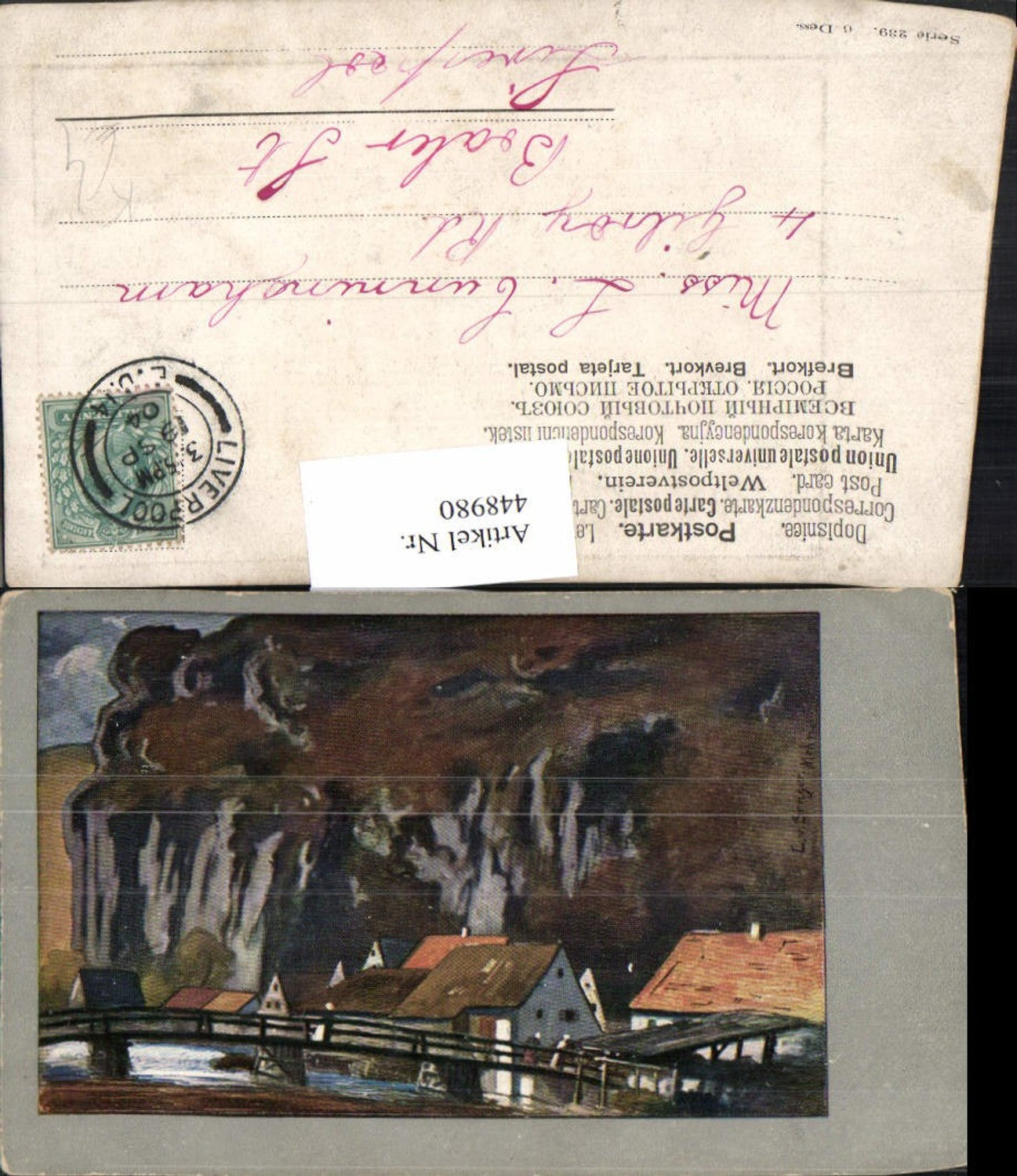 448980,Künstler AK Dorf Fluss Brücke Felswand