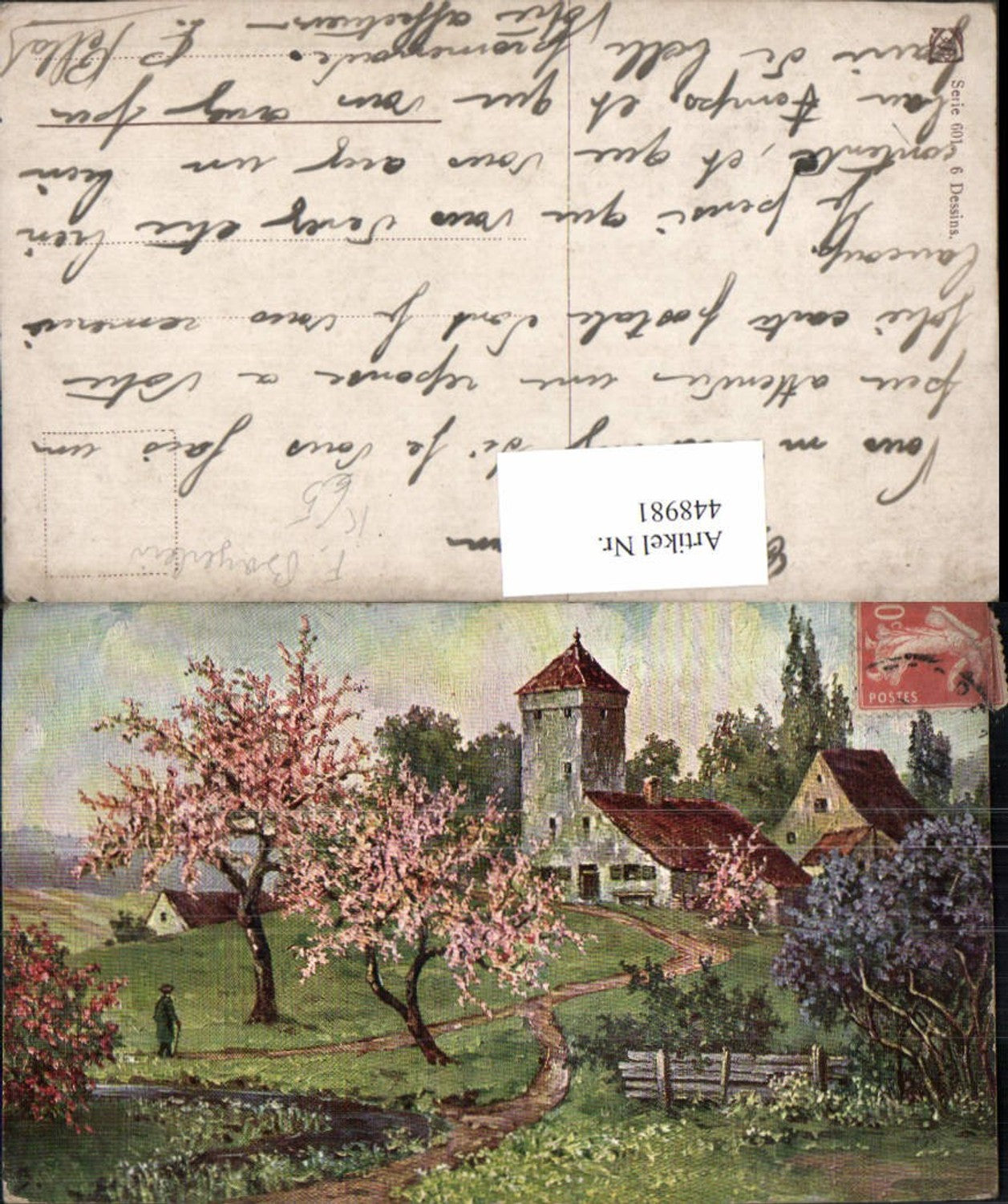 448981,Künstler AK F. Bayerlein Landschaft Dorf Kirche Baumblüte