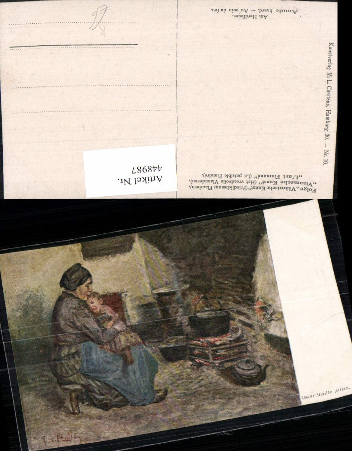 448987,Künstler AK Oskar Halle Am Herdfeuer Frau Mutter m. Kind
