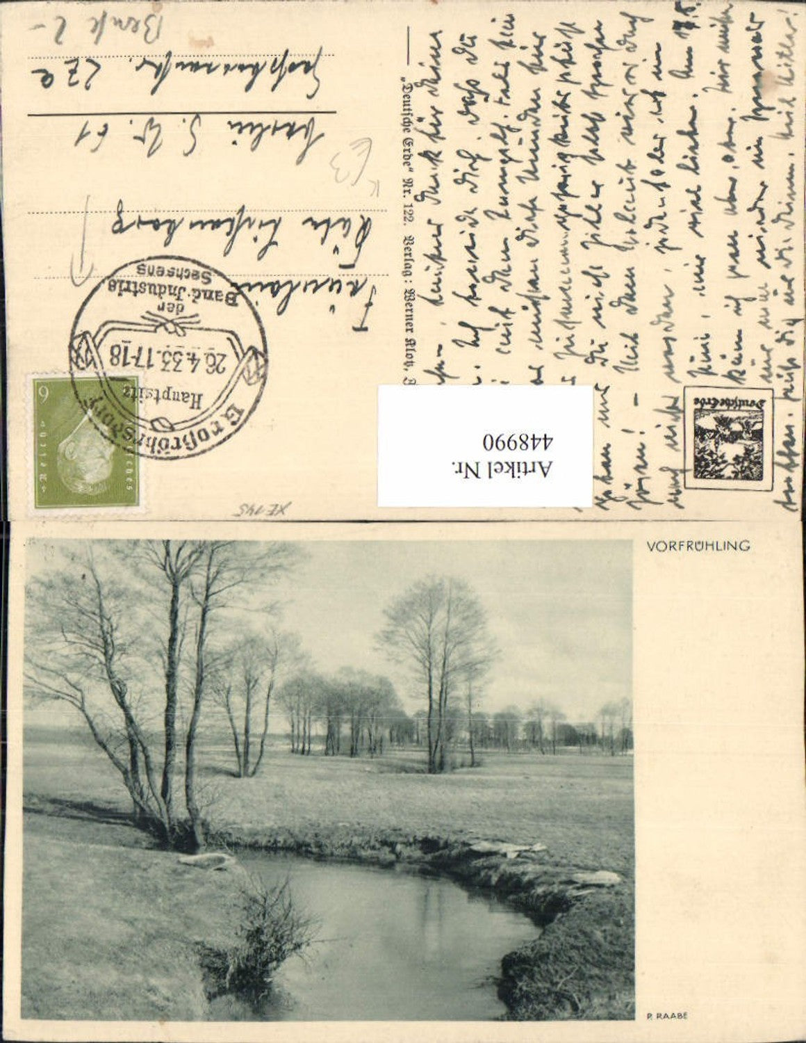 448990,Künstler AK P. Raabe Vorfrühling Landschaft Bach Bäume