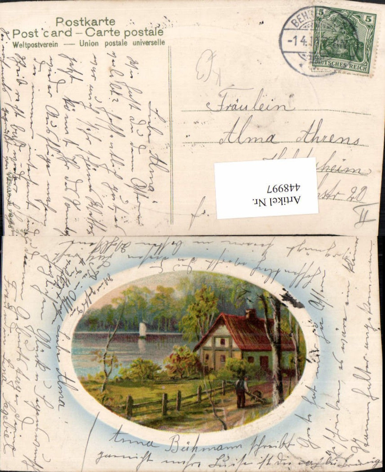 448997,Künstler AK Landschaft Haus See Präge Passepartout