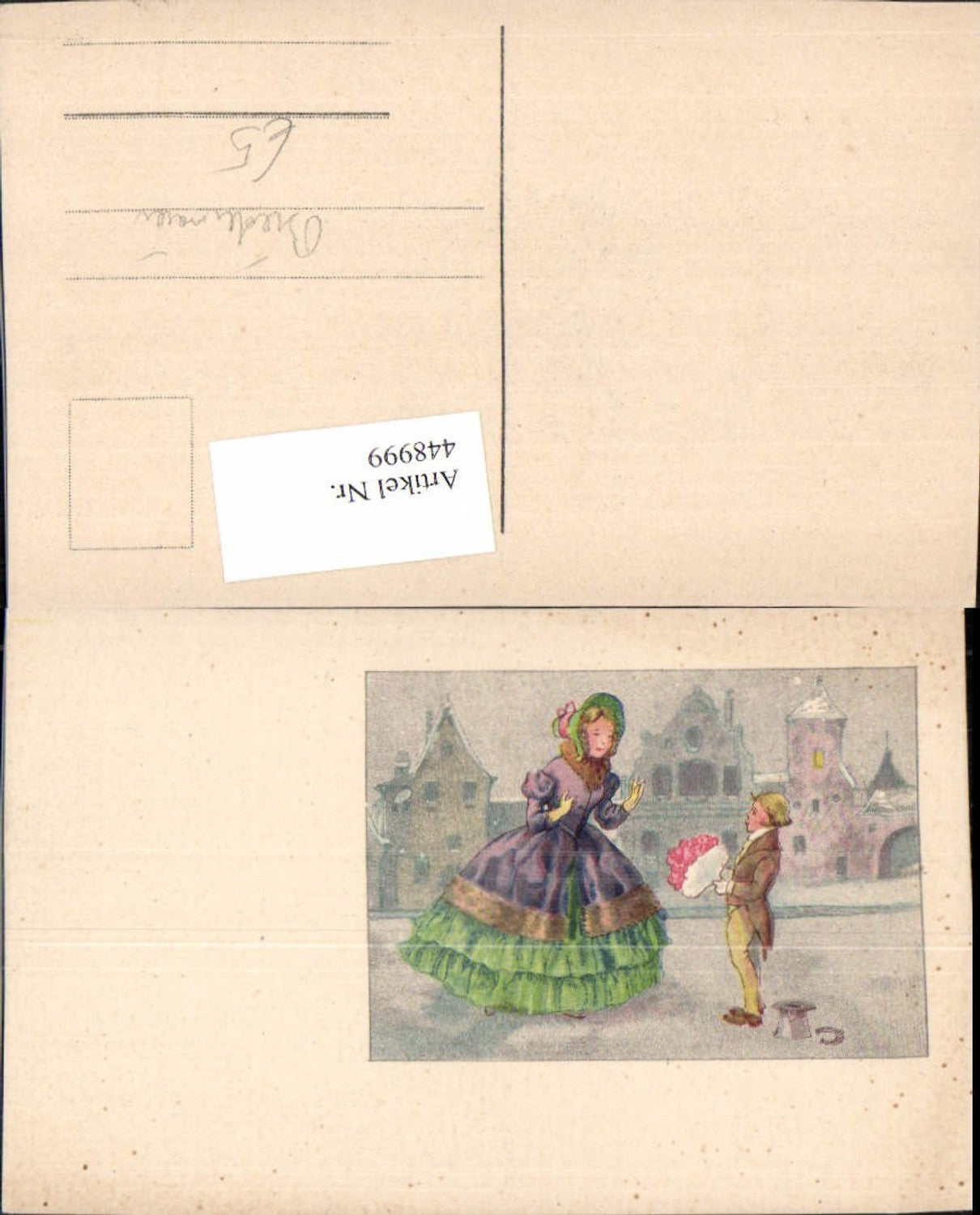 448999,Künstler AK Biedermaier Frau m. Kleid Junge Bub Blumenstrauß