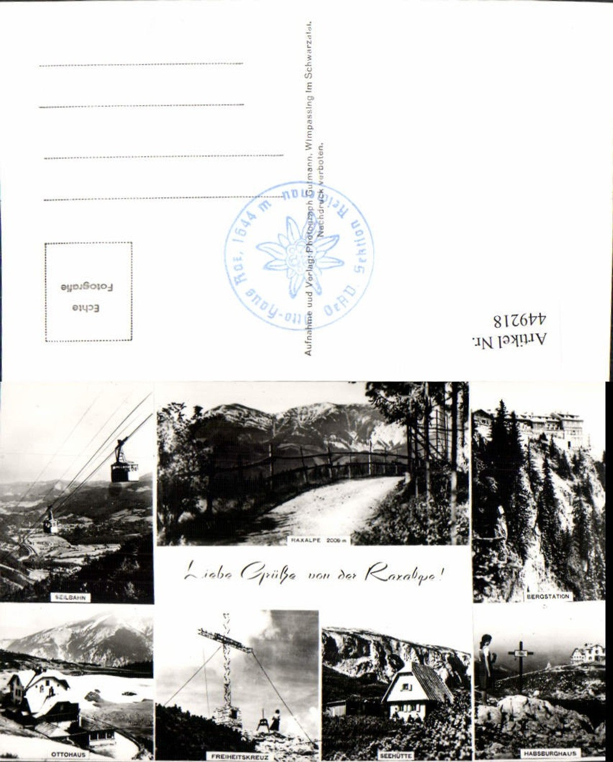 449218,Raxalpe Seilbahn Kreuz Berghütten b. Reichenau Mehrbildkarte