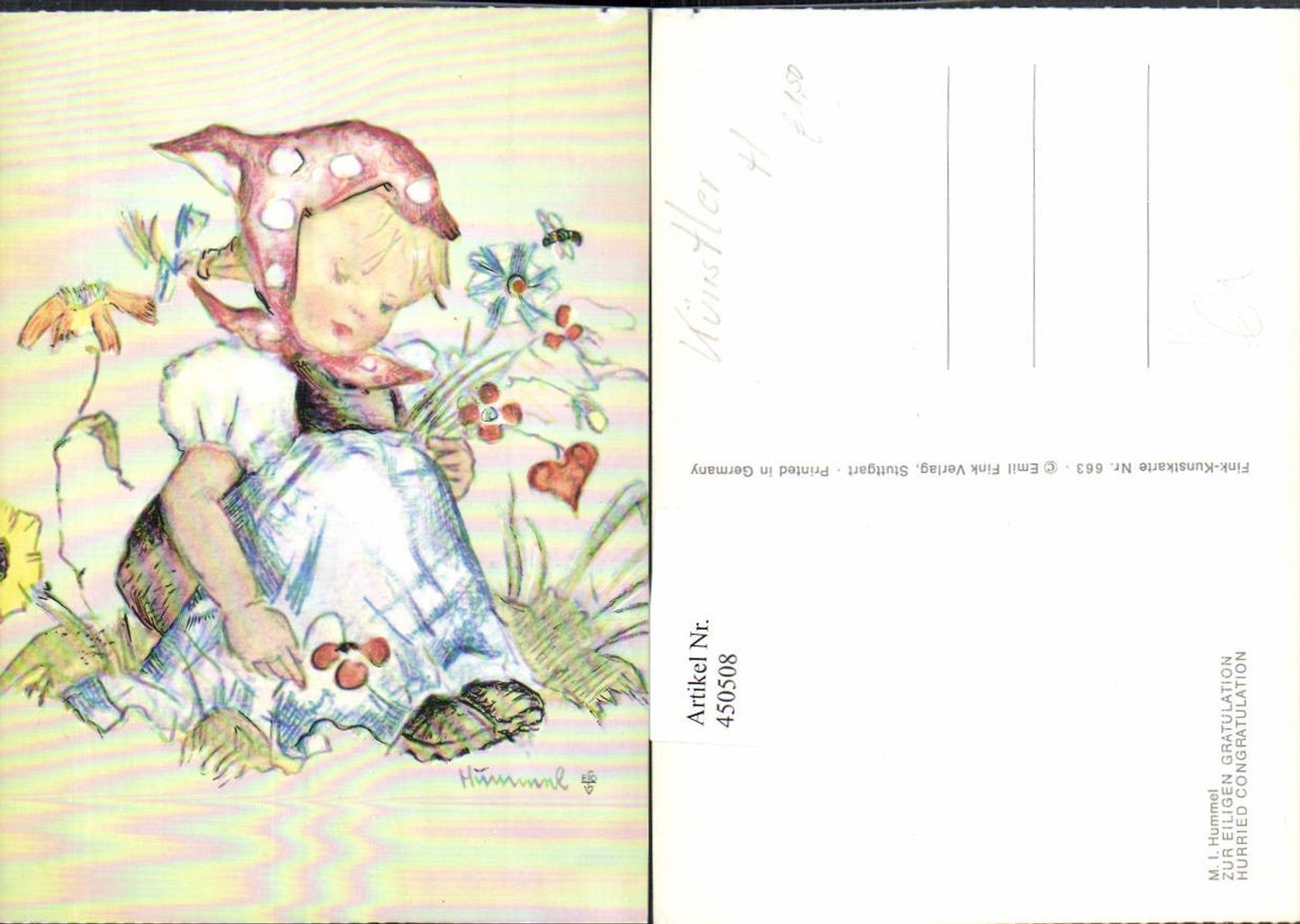 450508, Artist AK Berta Hummel Urgent Congratulations Girl Headscarf Flowers