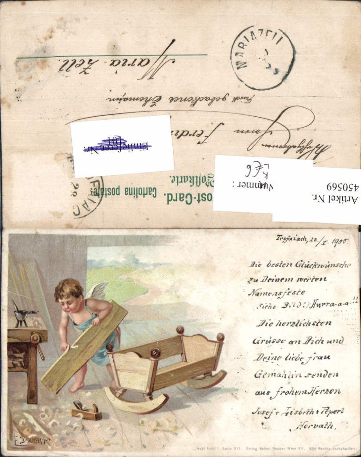 450569,Künstler LItho E. Döcker jun. Engel Handwerker Wiege