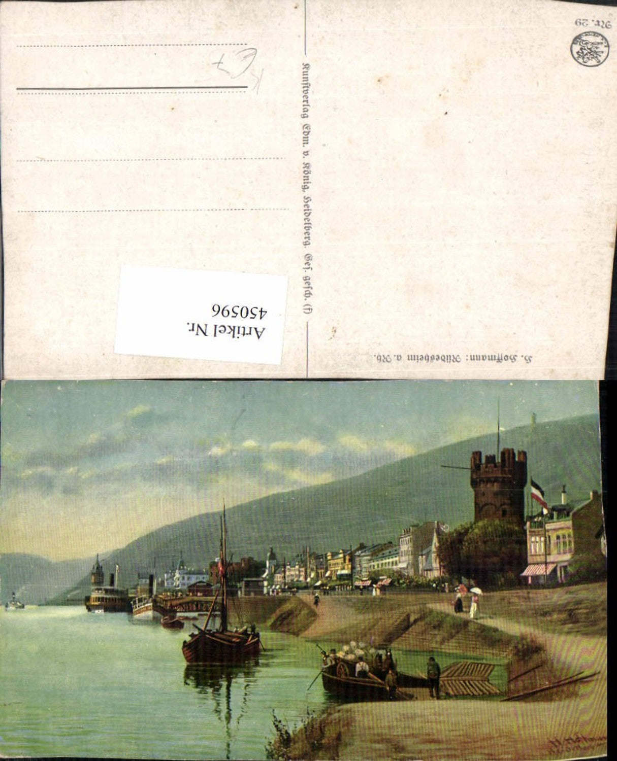 450596,Künstler AK Heinrich Hoffmann Rüdesheim am Rhein Teilansicht Dampfer