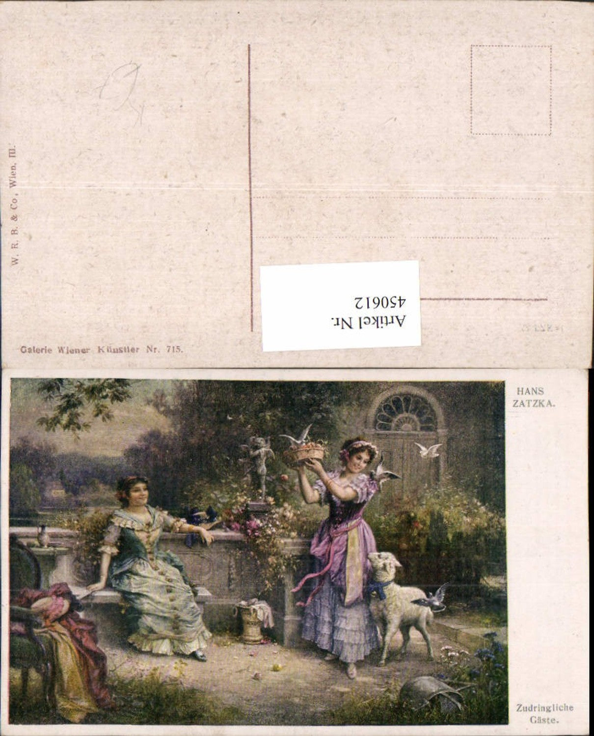 450612,Künstler AK Hans Zatzka Zudringliche Gäste Frauen Tiere Lamm Tauben