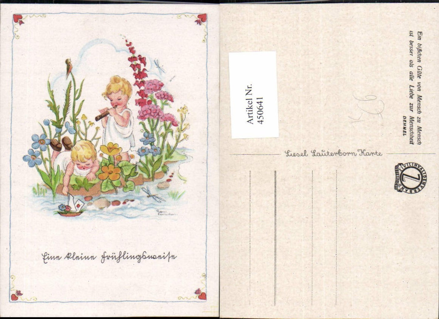 450641,Künstler AK Liesel Lauterborn Frühlingsweise Kinder Flöte Blumen