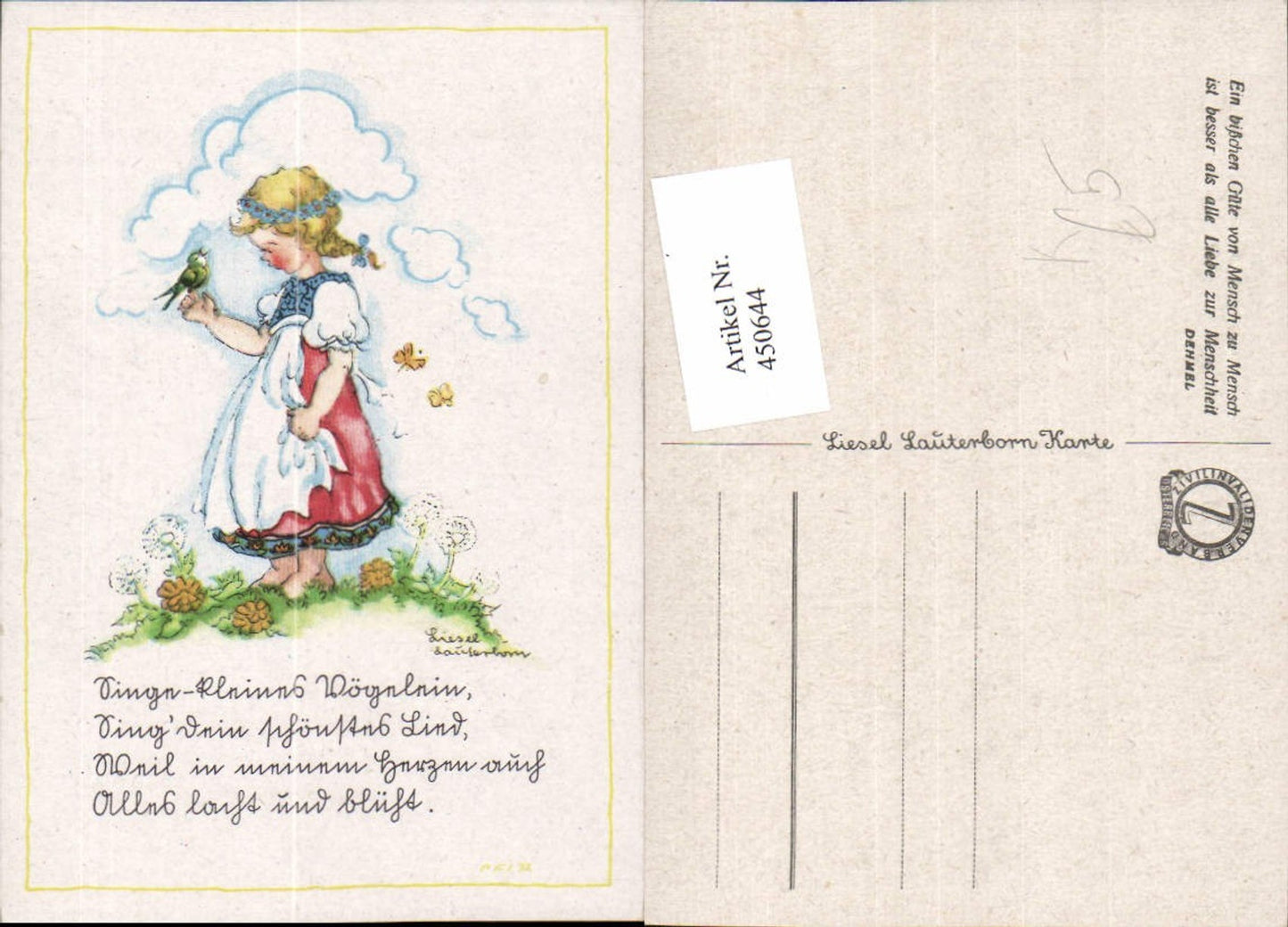 450644,Künstler AK Liesel Lauterborn Kind Mädchen Tracht Blumen Vogel