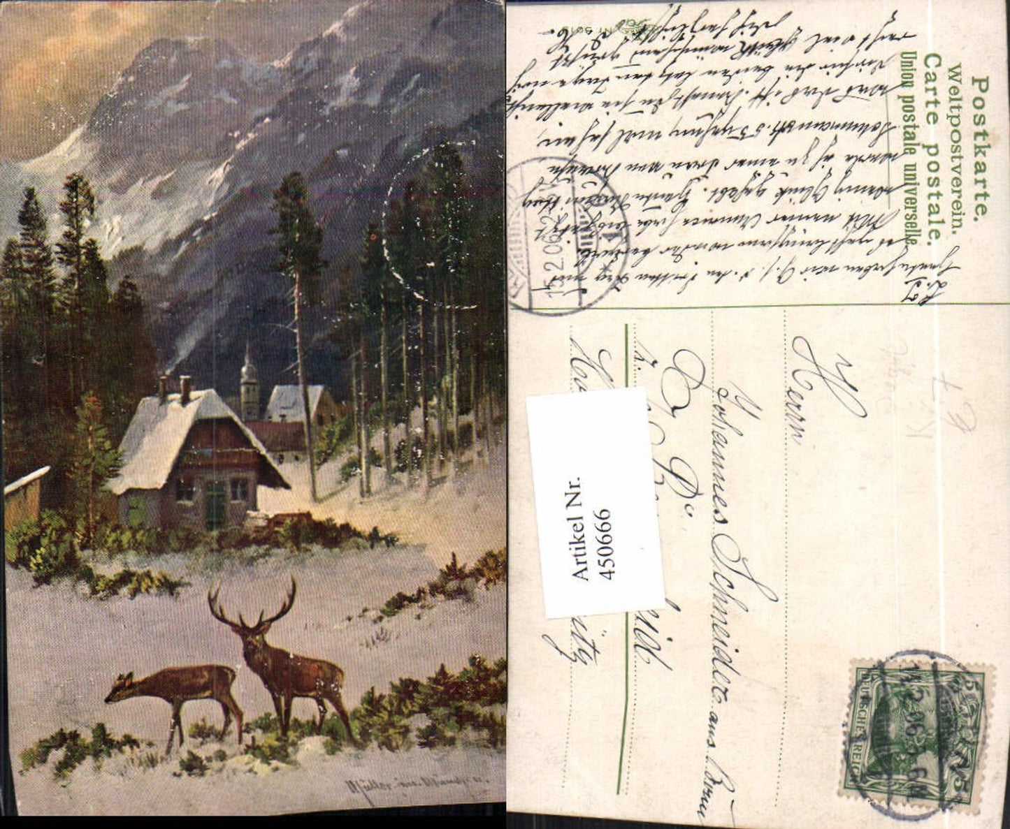 450666,Künstler AK Moritz Müller München Jagd Hirsch Reh Dorf Bergkulisse