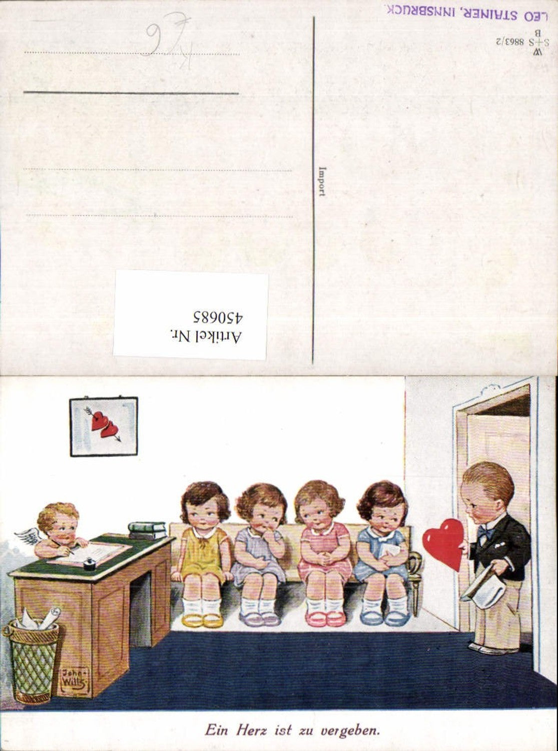 450685,Künstler AK Willi Scheuermann John Wills Herz zu vergeben Kinder Amor Engel