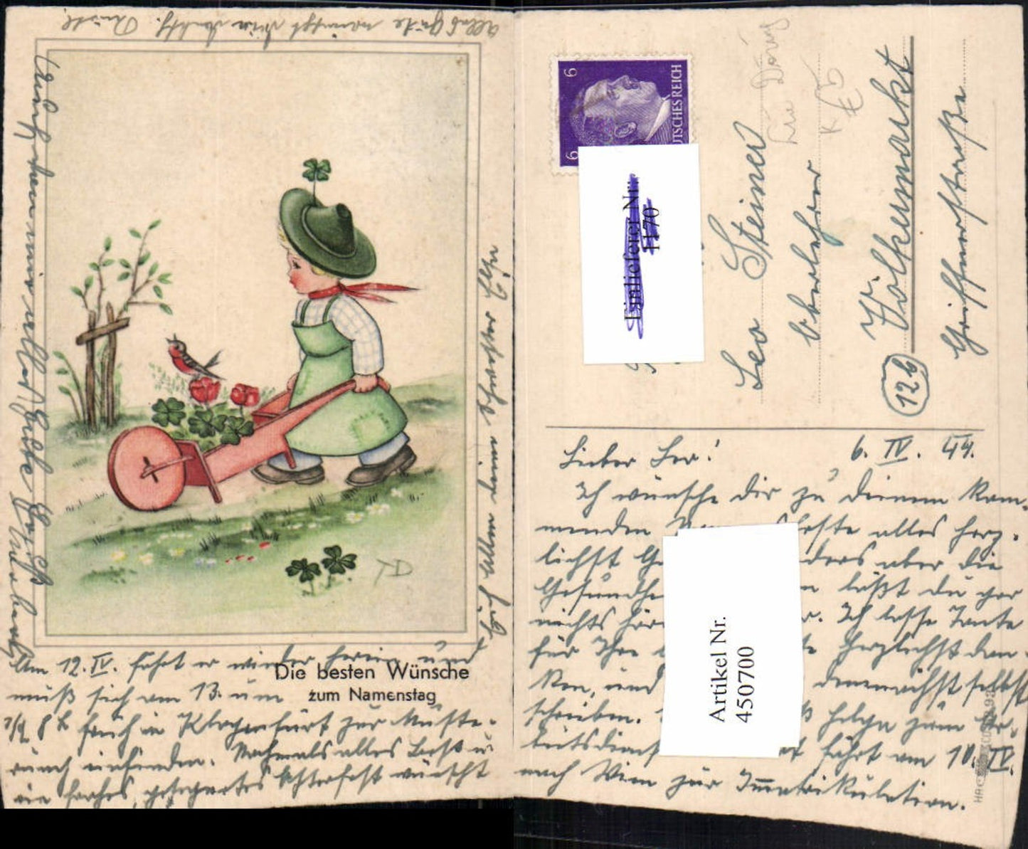 450700,Künstler AK Lia Döring Namenstag Kind Hut Scheibtruhe Vogel Klee