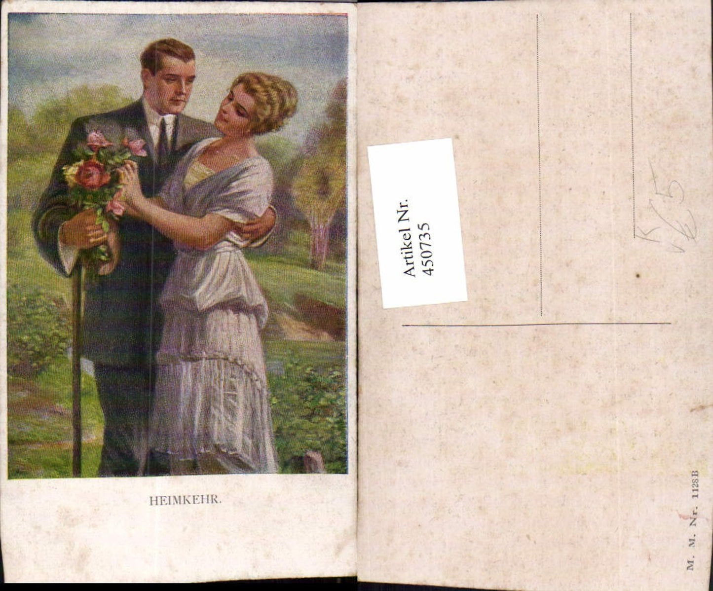 450735,M. Munk Vienne 1128B Künstlerkarte Heimkehr Liebe Paar Rosen