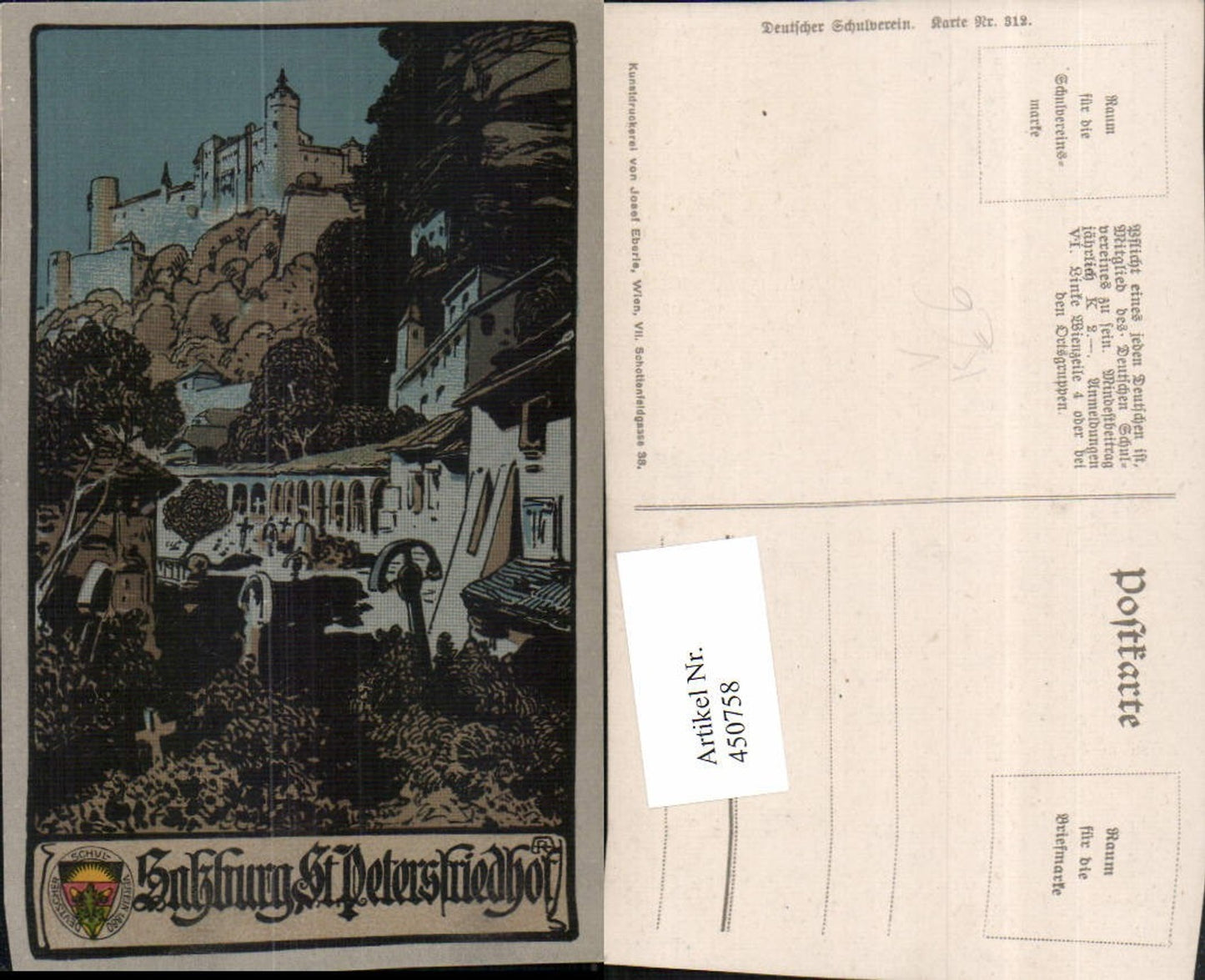 450758,Deutscher Schulverein 312 Künstler A. Reckziegel Salzburg Petersfriedhof Festung