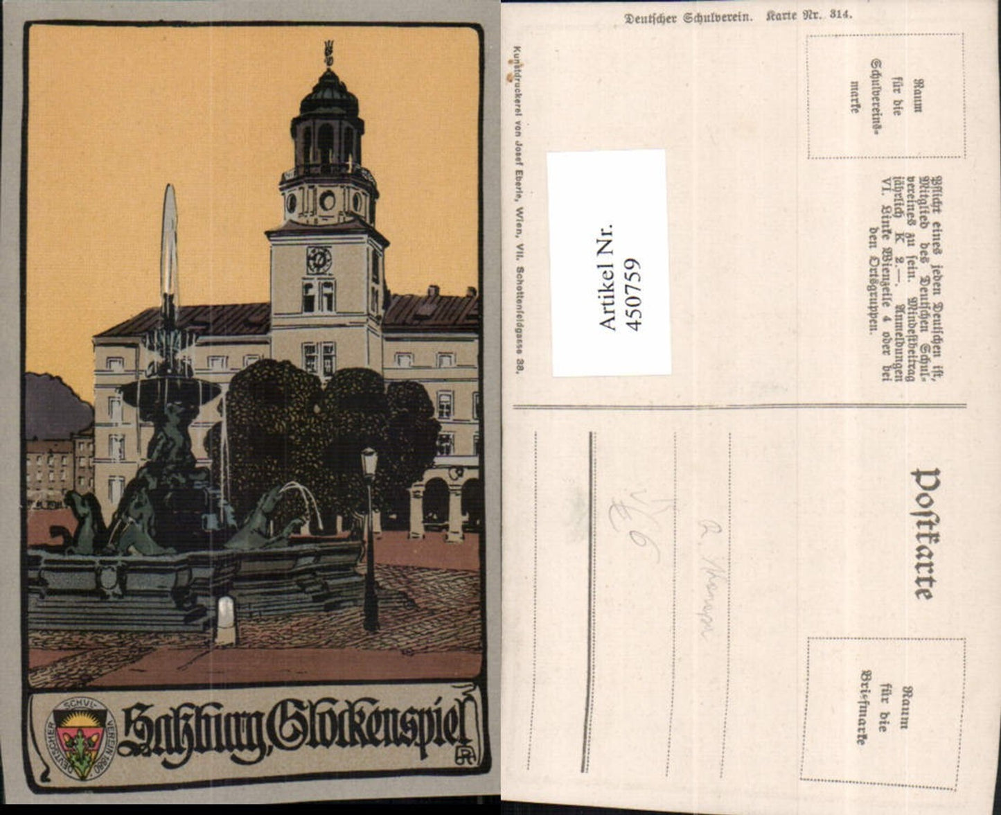 450759,Deutscher Schulverein 314 Künstler A. Reckziegel Salzburg Glockenspiel Brunnen
