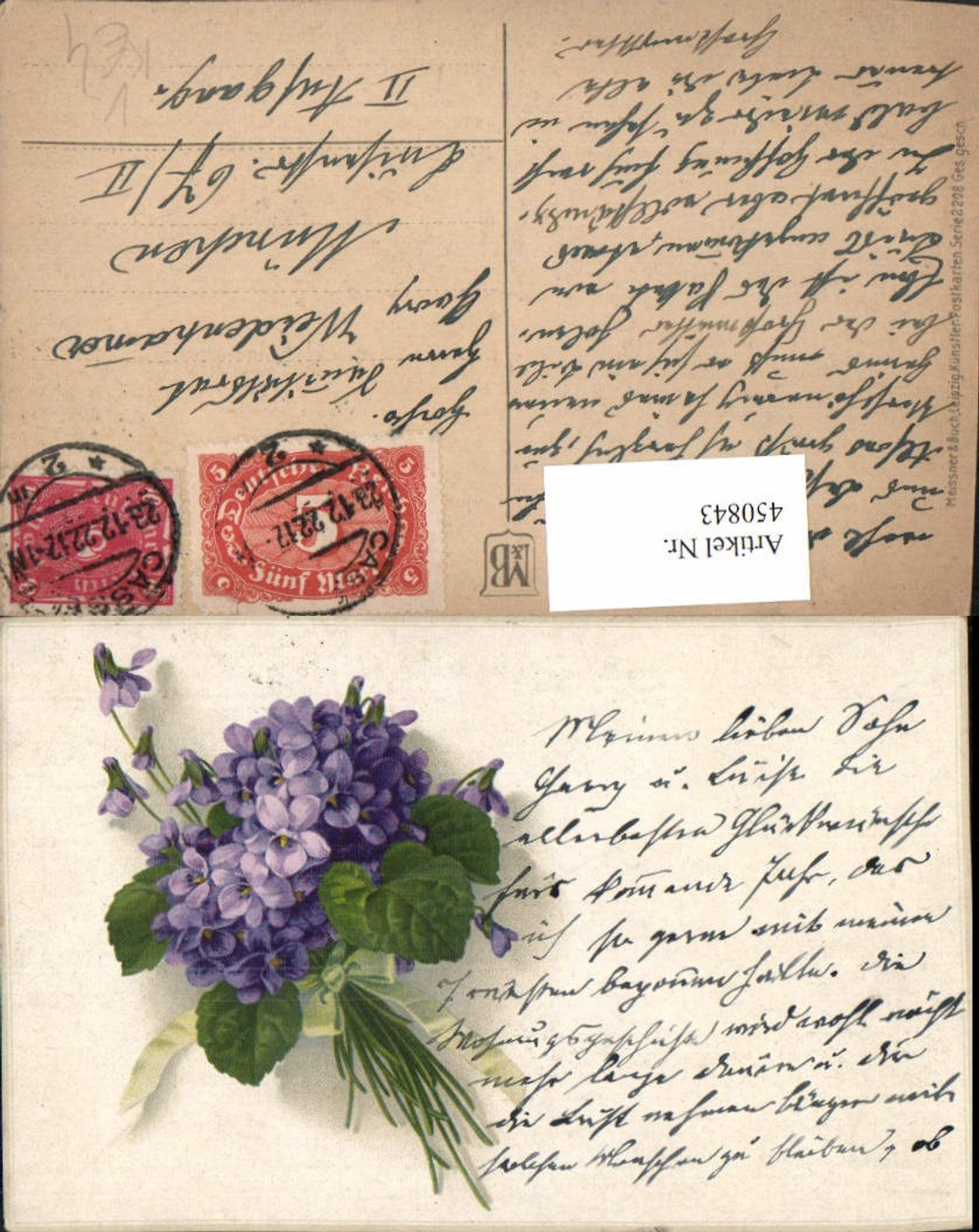 450843,Meissner & Buch 2208 Künstlerkarte Blumenstrauß Veilchen