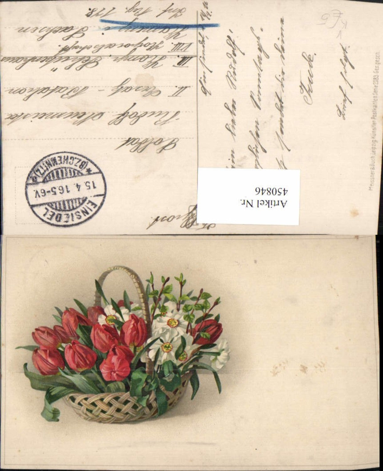 450846,Meissner & Buch 2183 Künstlerkarte Blumen Tulpen Narzissen Korb