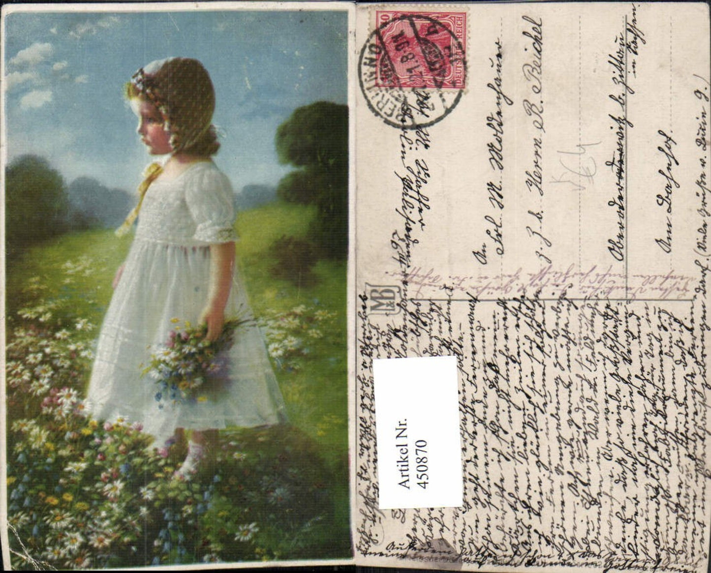 450870,Meissner & Buch Künstlerkarte Mädchen Kleid Blumenstrauß Blumen