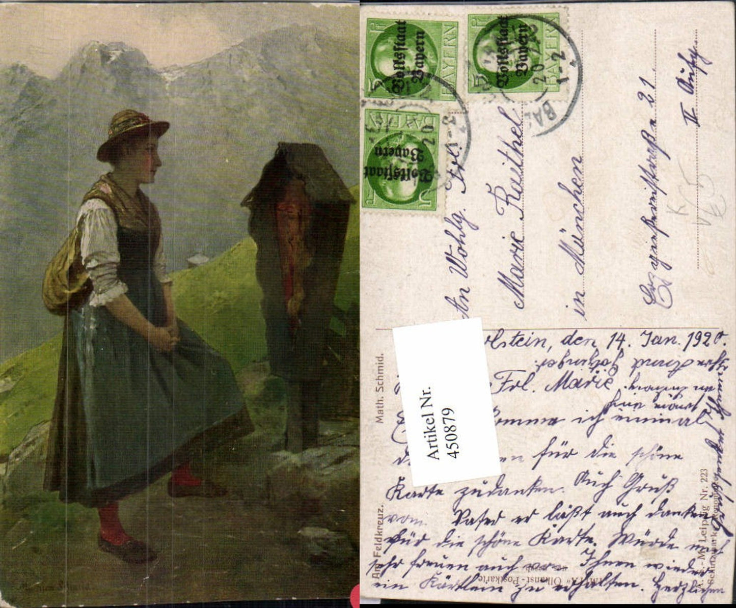 450879,A.S.M. Imita 223 Künstler Math. Schmid Feldkreuz Frau Tracht