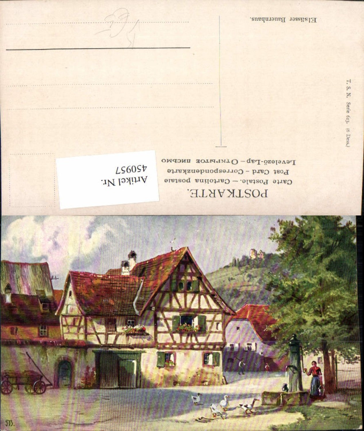450957,Theo Stroefer 613 Künstlerkarte Elsässer Bauernhaus Brunnen