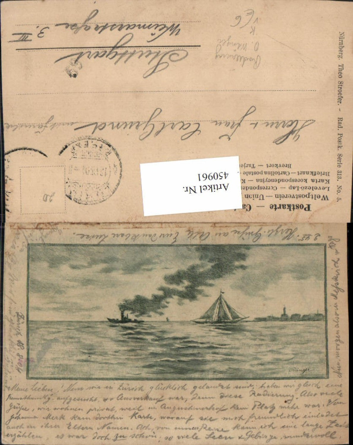 450961,Theo Stroefer 313/5 Künstler Radierung O. Winger Meer Dampfer Segelschiff