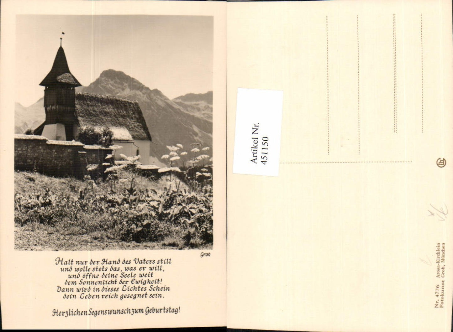 451150,Fotokunst Groh 4776 Arosa Kirchlein Kirche Bergkulisse Spruch