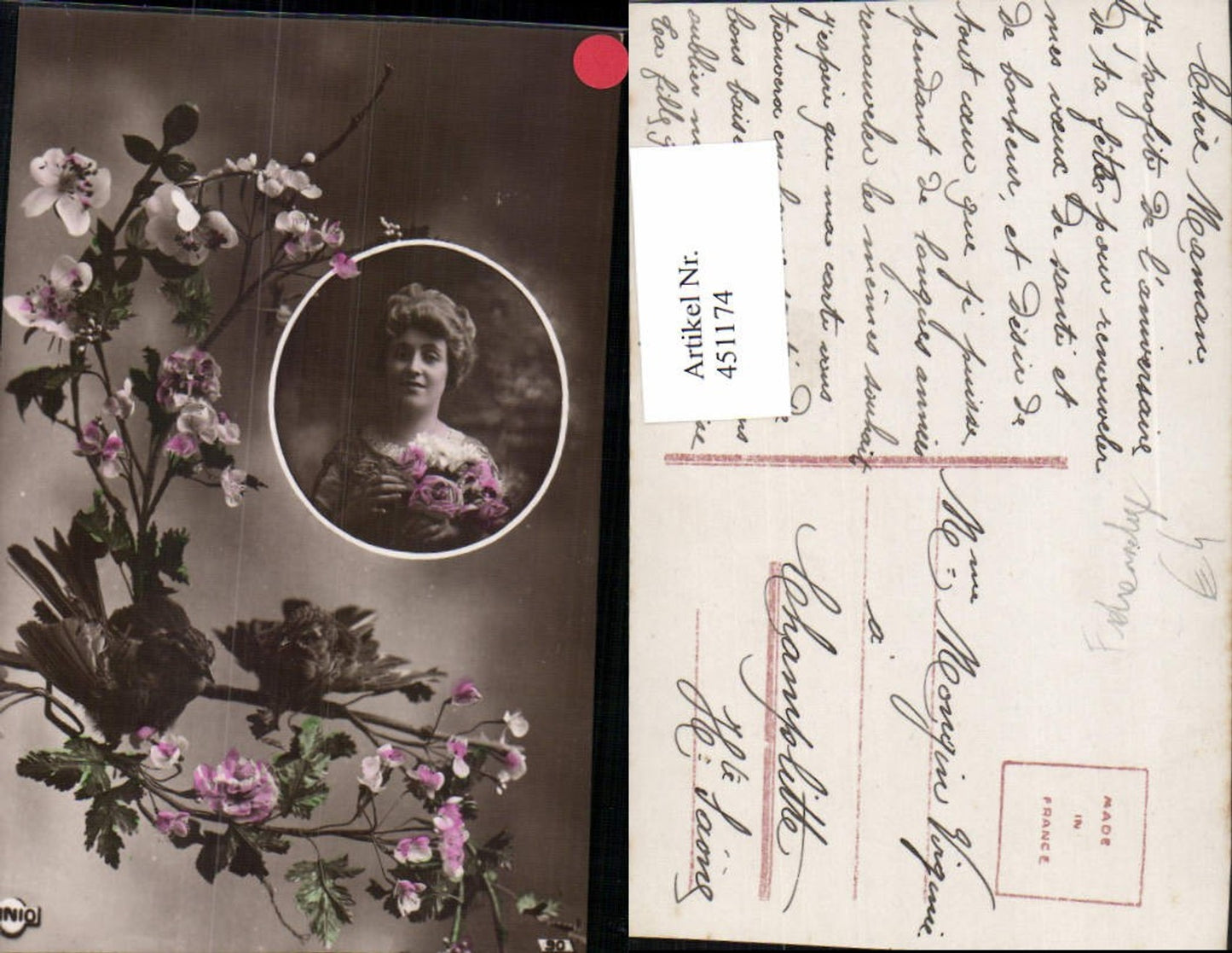 451174,Fotomontage Frau Portrait Passepartout Blüten Vögel