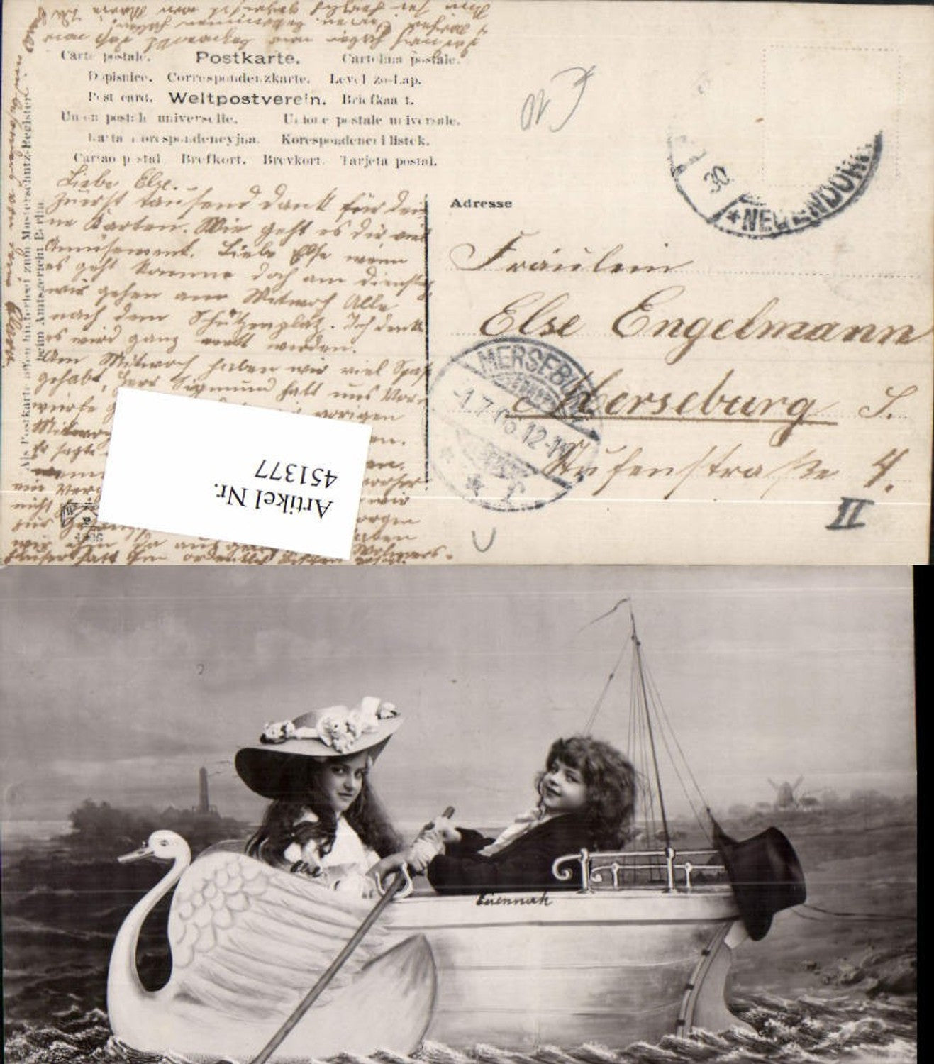 451377,Fotomontage Surrealismus Kinder Ruderboot Schwan Hut