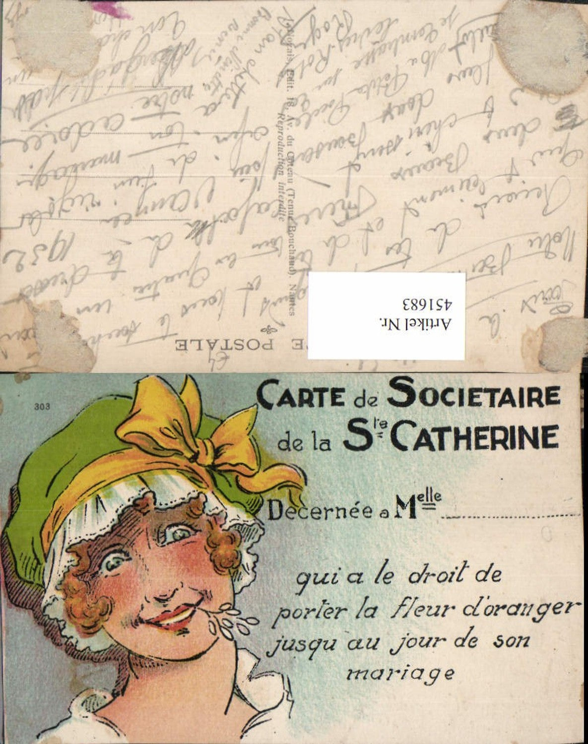 451683, Artist AK Carte de Societaire de la Ste Catherine Woman Bonnet Bow