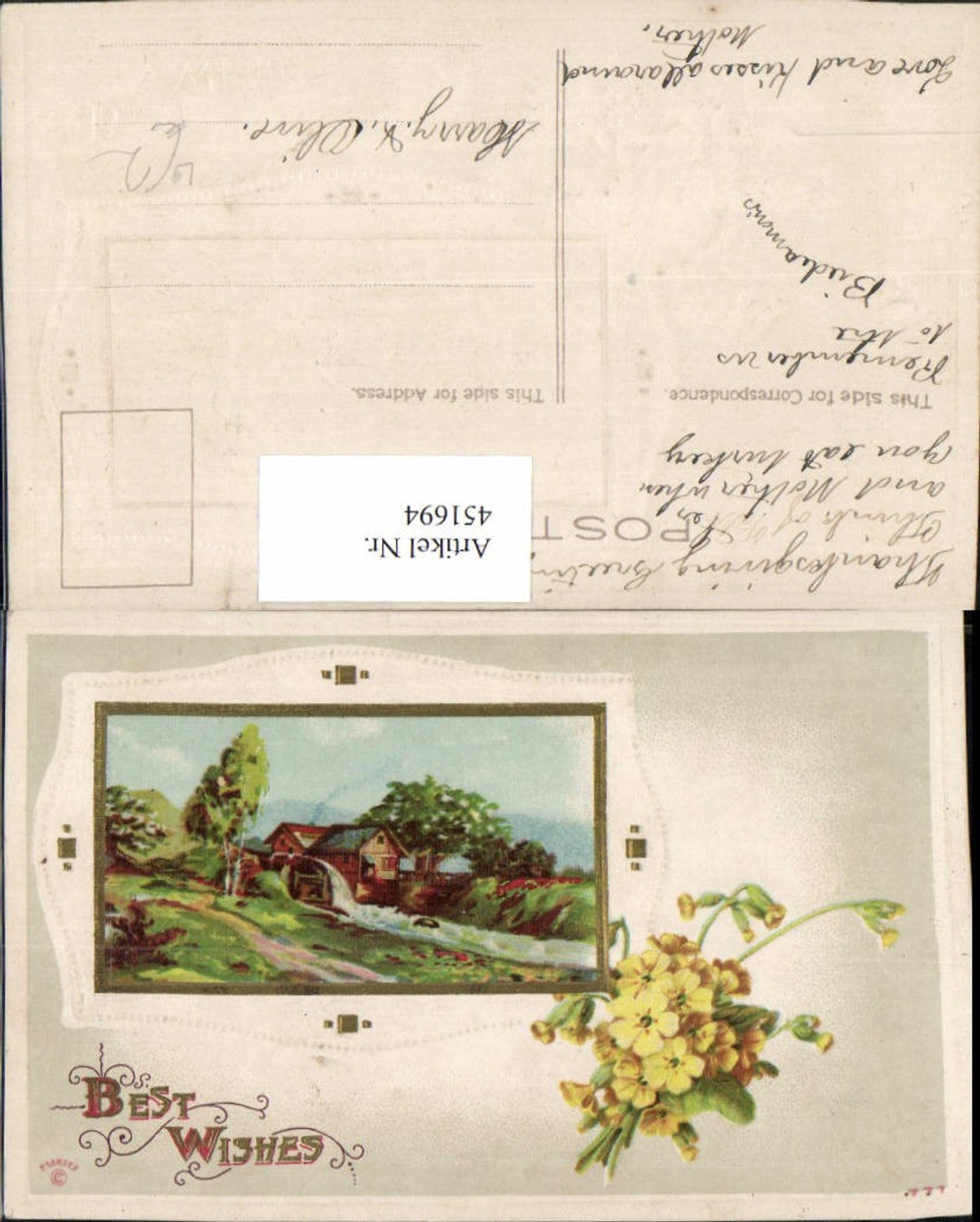 451694,Präge Künstler Litho Best Wishes Wassermühle Passepartout Blumen