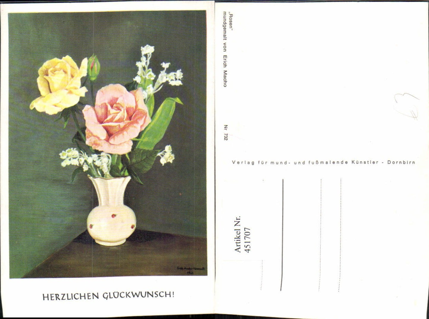 451707,Künstler AK Erich Macho 732 Glückwunsch Rosen Vase
