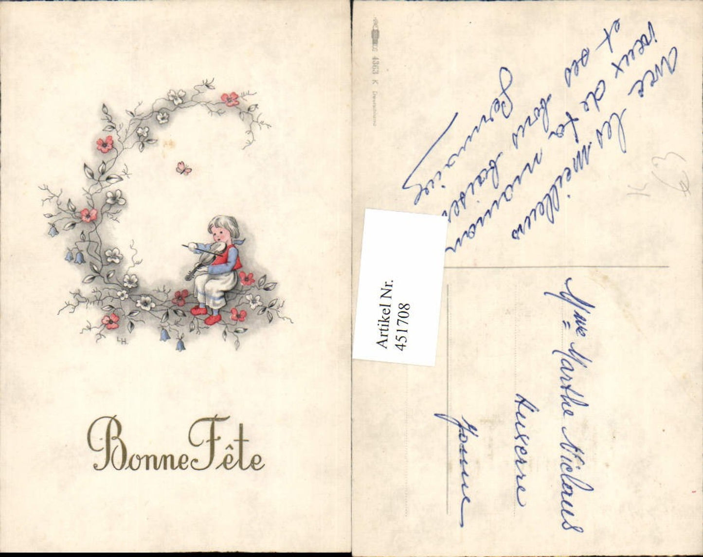 451708,Künstler AK Bonne Fete Kind Geige Blumen Schmetterling