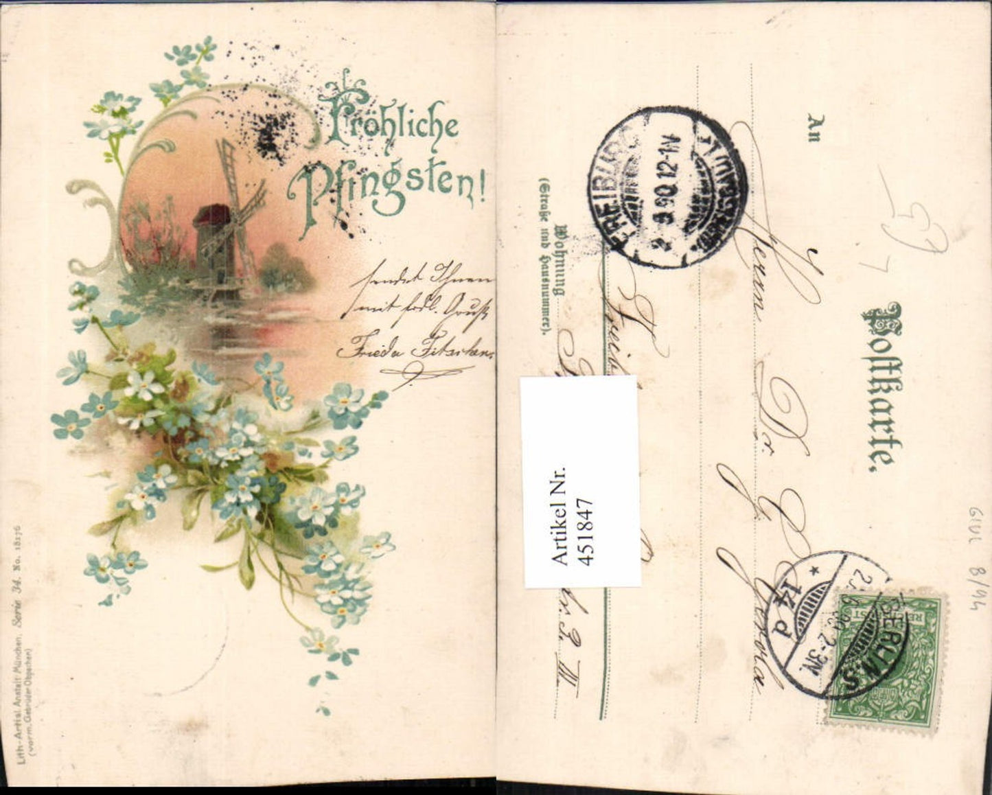 451847, Artist Lithograph Pentecost Windmill Mill Flowers