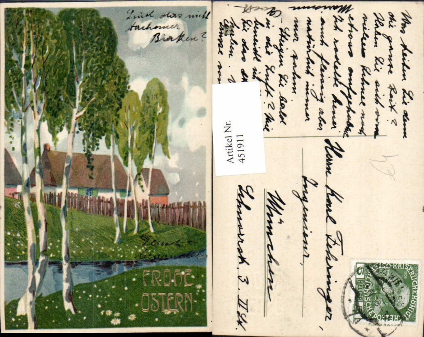 451911, Artist AK Easter Landscape Houses Birch Trees
