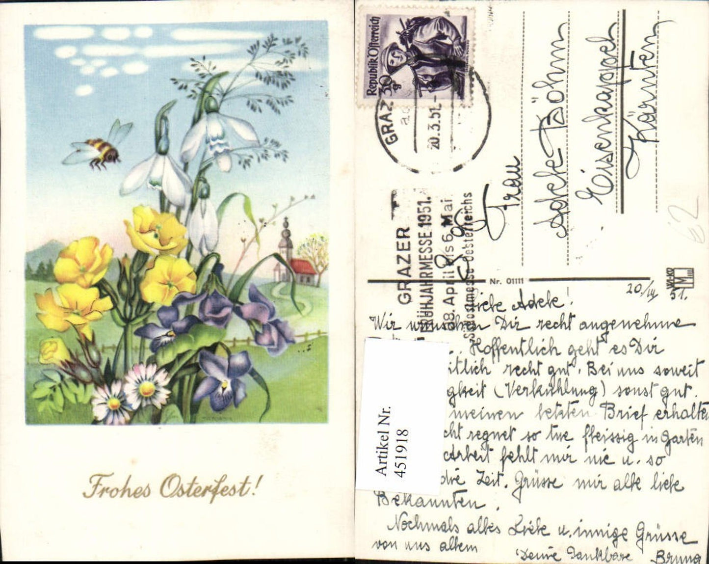 451918, Artist AK Easter Landscape Church Flowers Bee