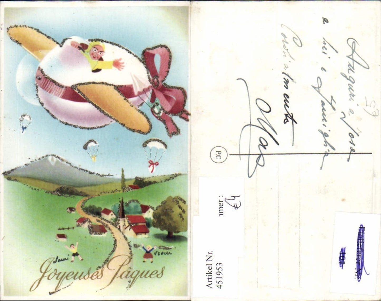 451953,Glitzer Künstler AK Ostern Dorf Flugzeug Fallschirme Eier