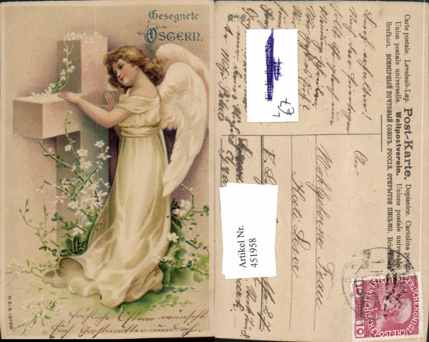 451958,Präge Künstler Litho Ostern Engel Kreuz Blumen