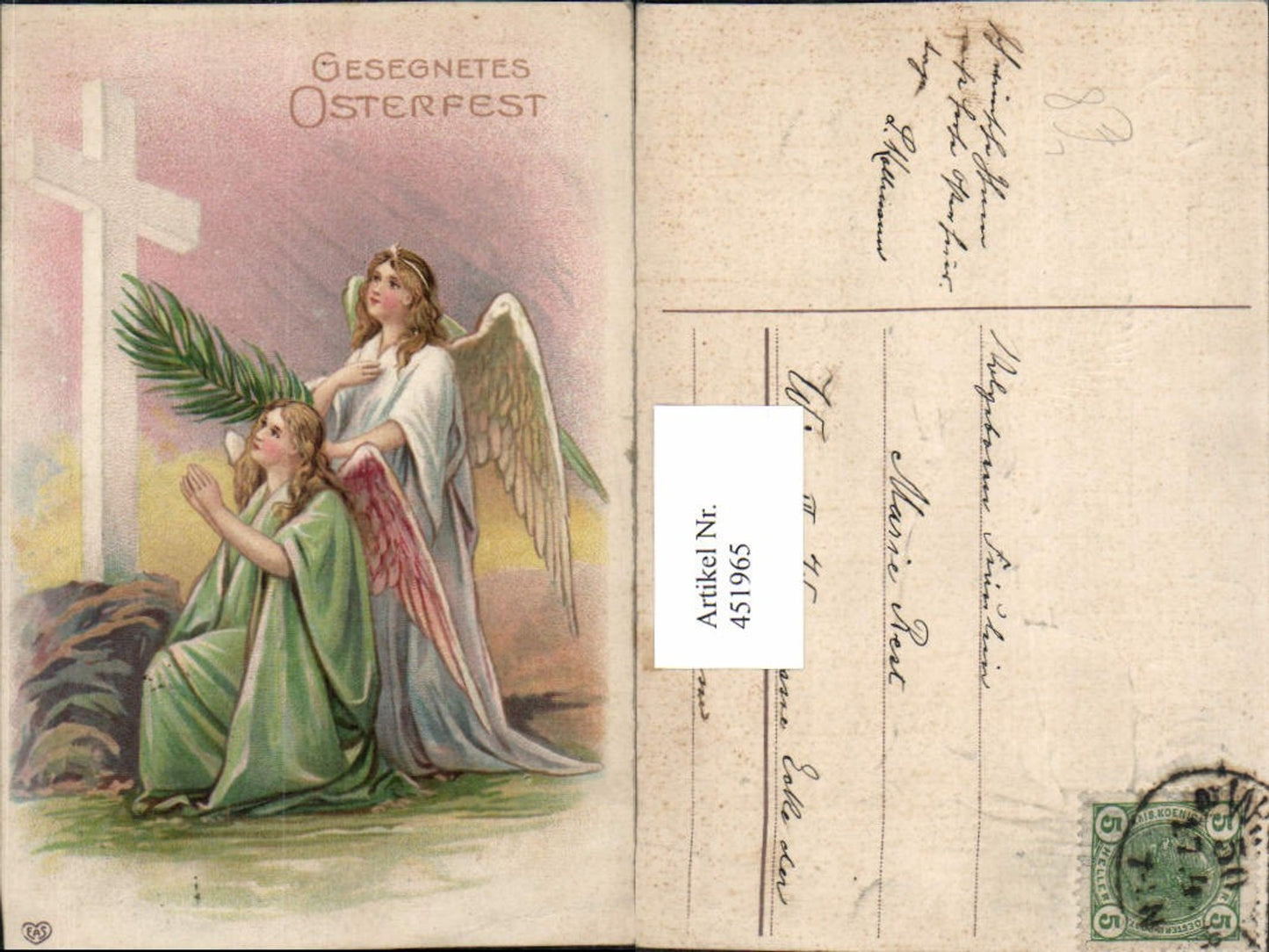 451965,Embossed Artist Lithograph Easter Angels Angel Cross pub EAS