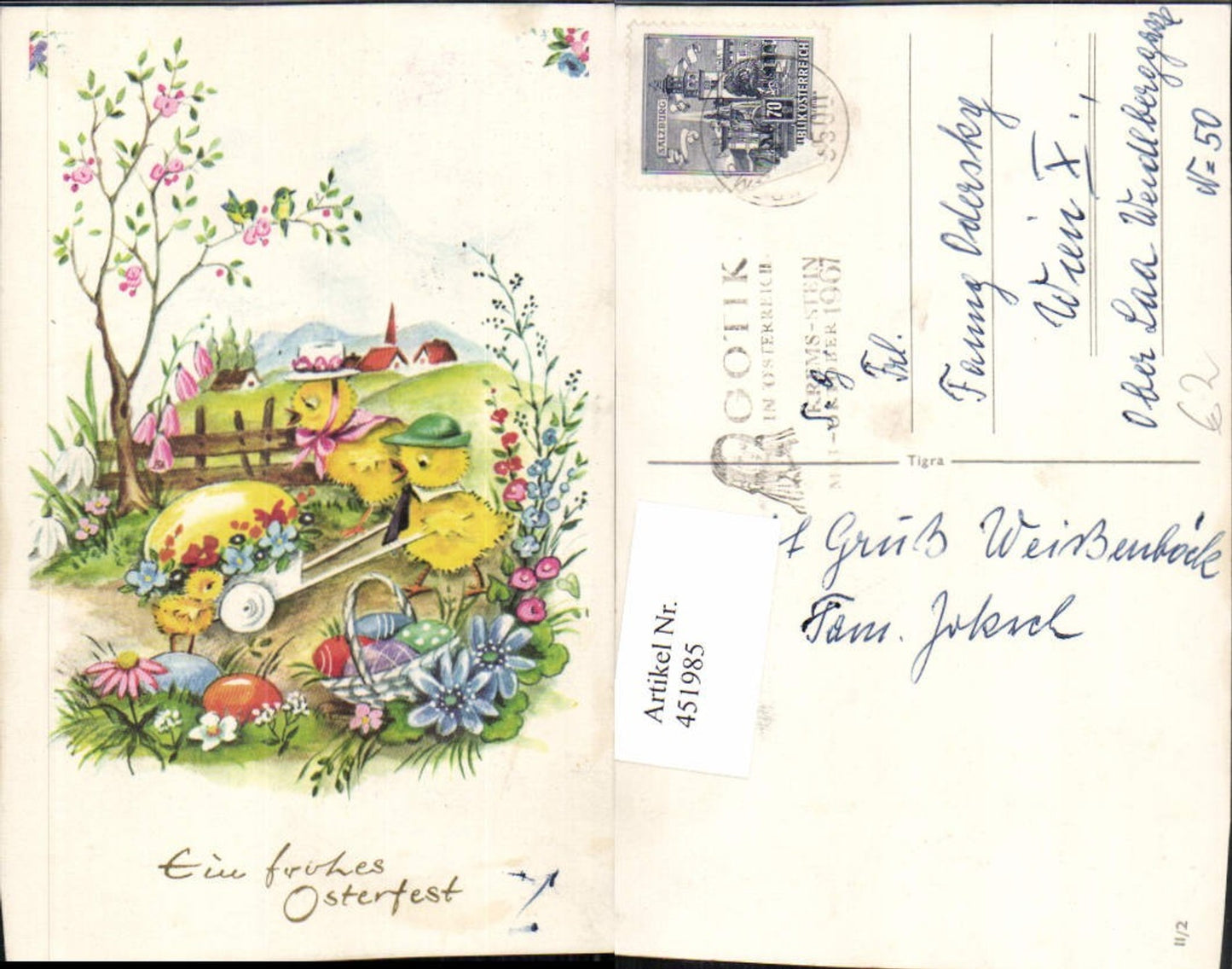 451985, Artist AK Easter Chick Wheelbarrow Easter Egg Egg Flowers