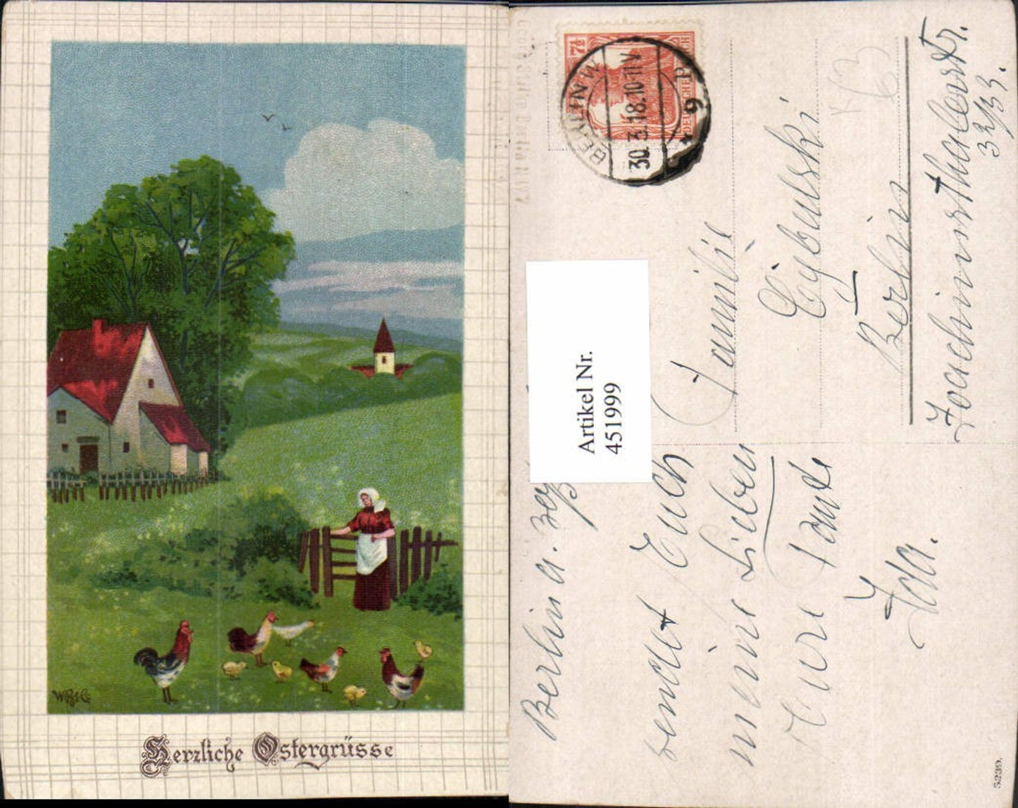 451999, Artist AK Easter Landscape Chickens Chicks Church