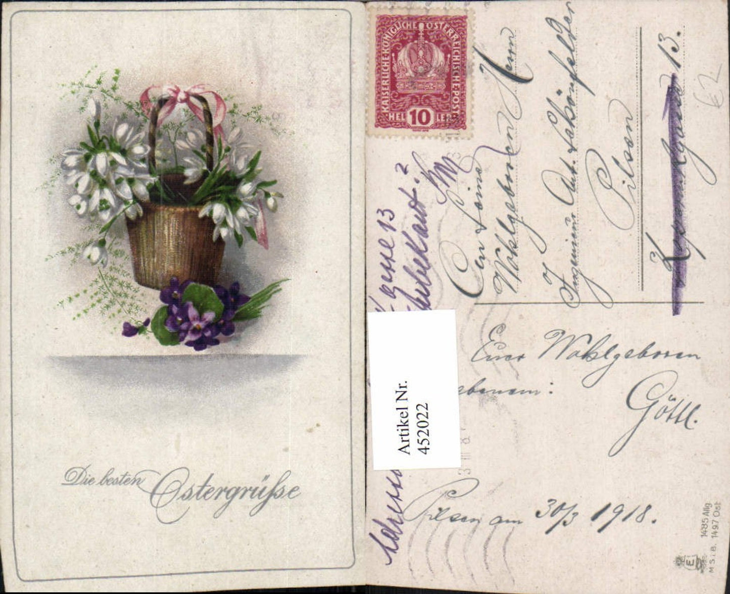 452022,Künstler AK Ostern Blumen Veilchen Korb Schleife